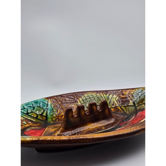 Vintage California Pottery MCM Ashtray 10" Abstract Geometric Leaf Ceramic Dish - Picture 3 of 11